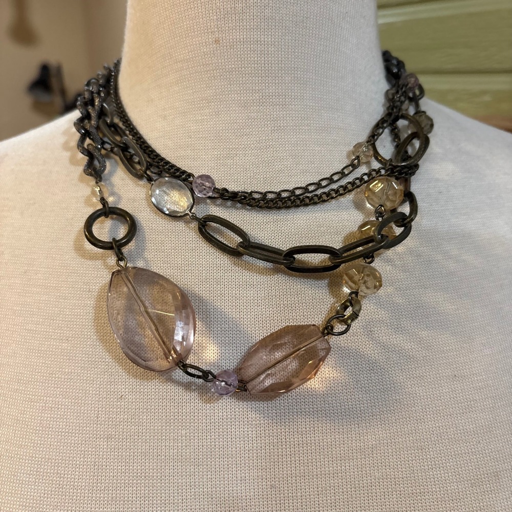Chicos‎ Gunmetal Multi Strand Layered Statement Necklace Mauve Amber Stones J843